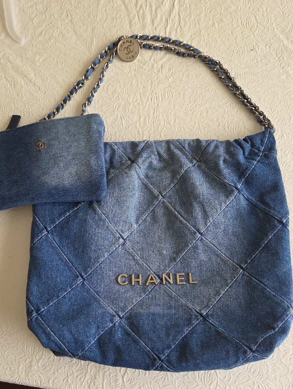 NWOT Quilted Denim Tote in Blue with Chain Strap